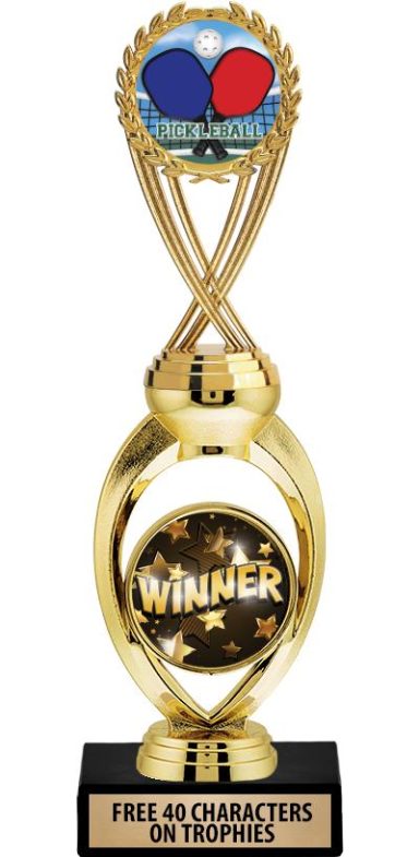 gold, Pickleball winner's trophy with red and blue paddles