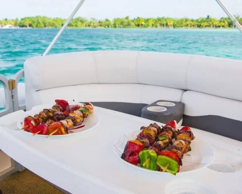 Lunch set up on a pontoon boat out on the lake